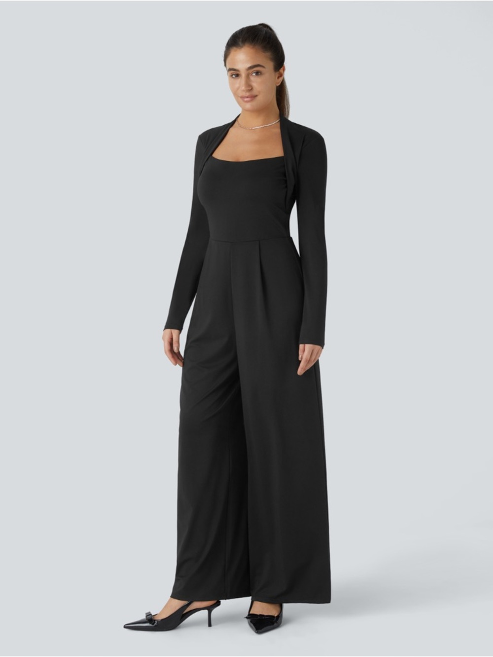Halara Black Long Sleeve Wide Leg Jumpsuit L Built-In Bra NWT - Picture 3 of 6
